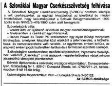 1990. április 28. - Felhívás az SZMCS megalakulása kapcsán